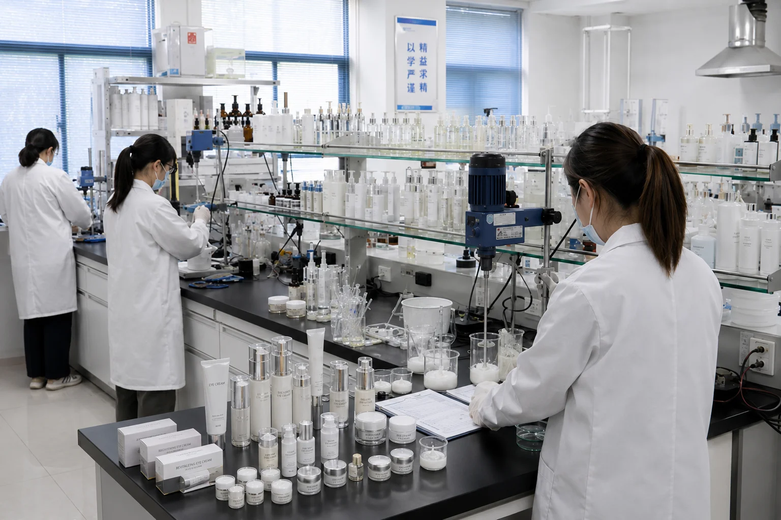 Scientists in lab coats working in a cosmetic research laboratory, surrounded by skincare products, equipment, and glassware.